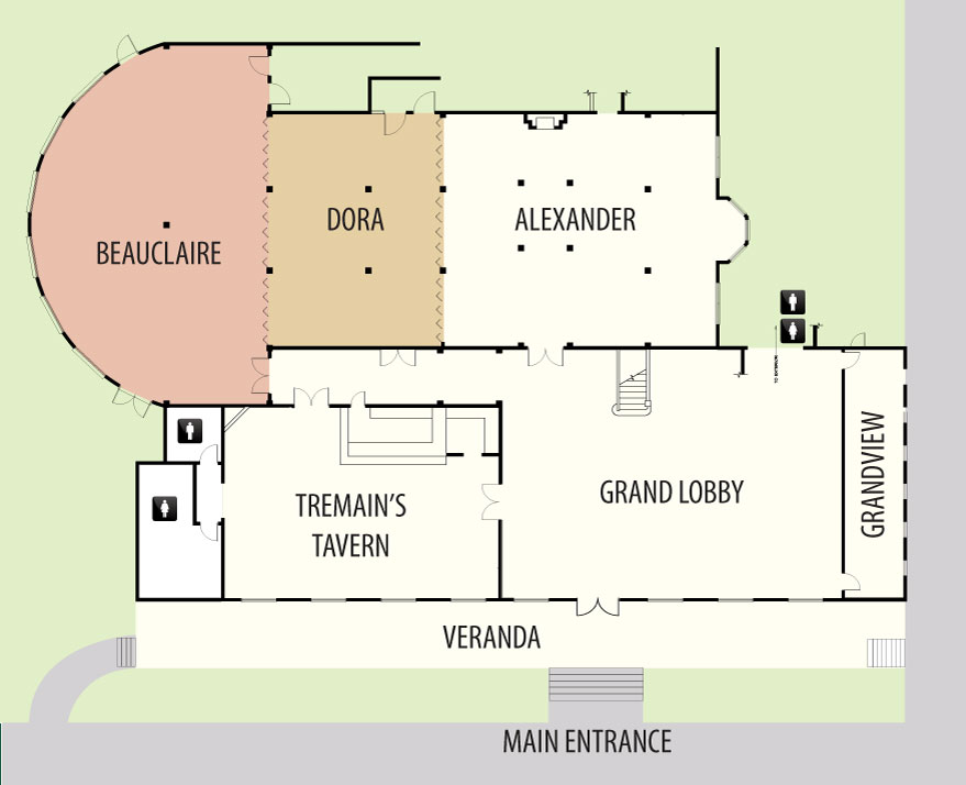 The Beauclaire and Dora venues combiined floor plan. Links to larger image